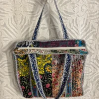 Patchwork Quilted Hand-printed Totes Bag With Floral Print In Multi-colours - Image 3