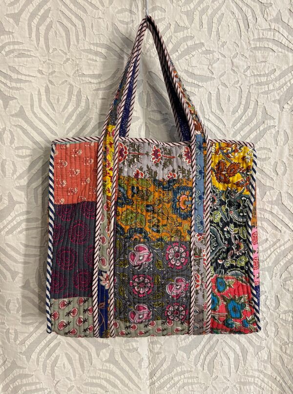 Patchwork Quilted Hand-printed Totes Bag With Floral Print