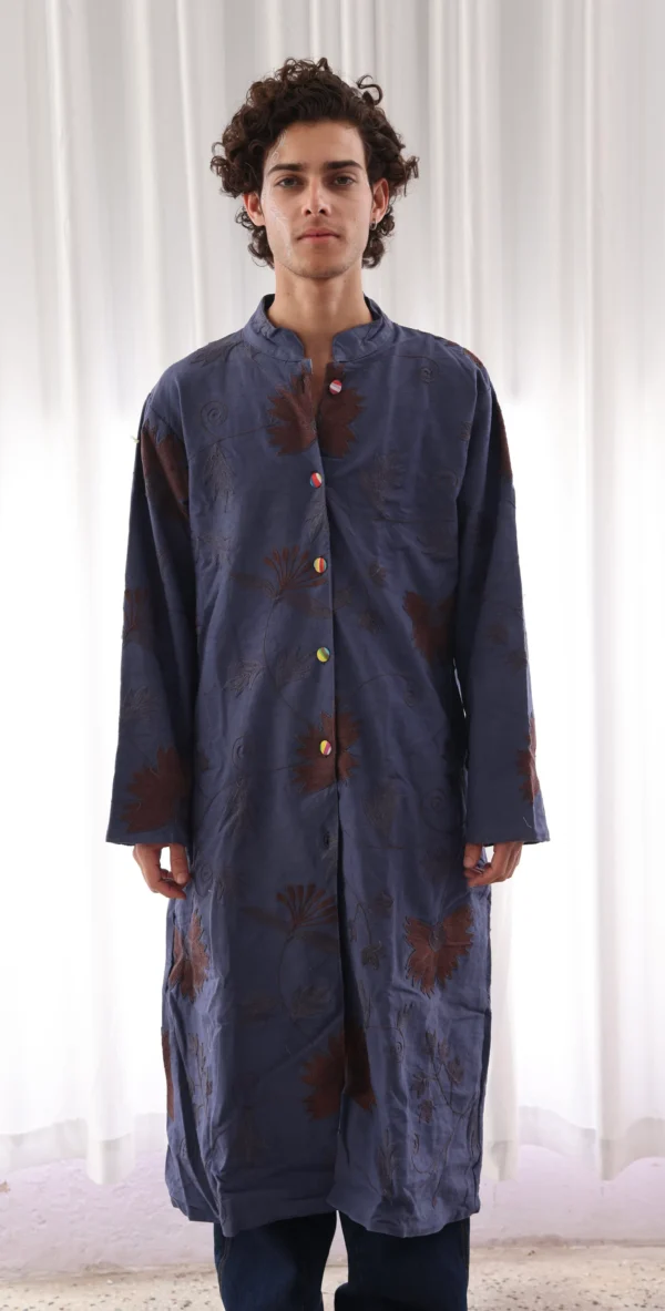 Suzani Hand Embroidery Long Jacket For Man And Woman Blue Floral Design