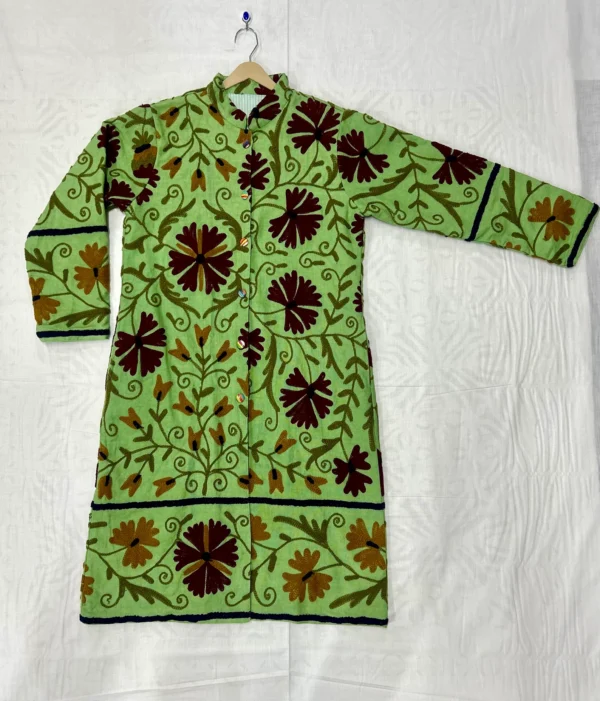 Suzani Hand Embroidery Long Jacket For Man And Woman Green Colour In Floral Design