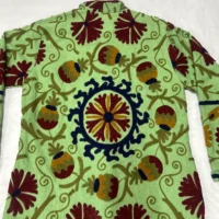 Suzani Hand Embroidery Long Jacket For Man And Woman Green Colour In Floral Design - Image 4