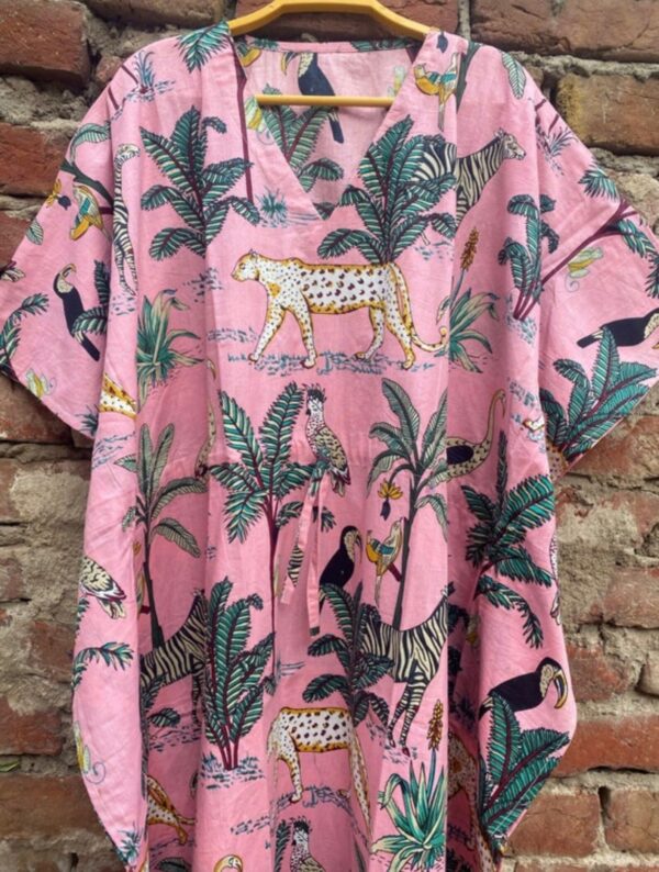Pink Tiger Floral Print Hand Block Print Kaftan For Women