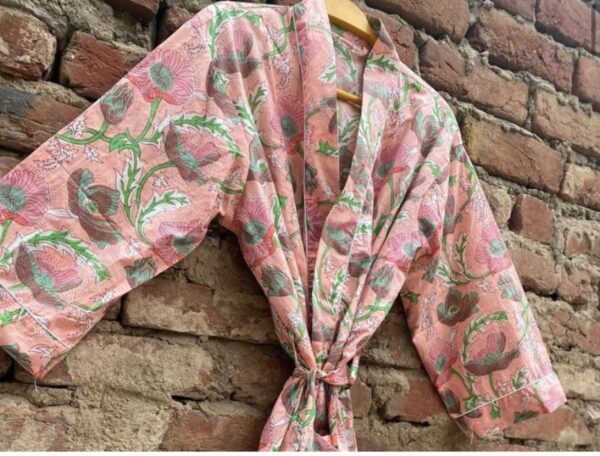 Pink Floral Block Print Kimono Dress For Women