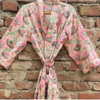Pink Floral Block Print Kimono Dress For Women - Image 2