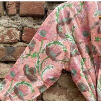 Pink Floral Block Print Kimono Dress For Women - Image 3