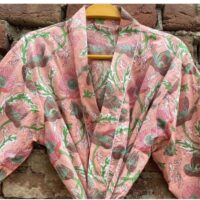 Pink Floral Block Print Kimono Dress For Women - Image 4
