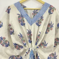 Blue Floral With White Hand Block Print Sanganeri Robe For Women - Image 4