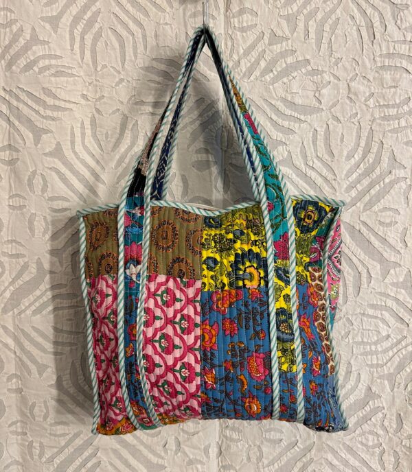Patchwork Quilted Hand Printed Totes Bag With Floral Print In Multi Colours