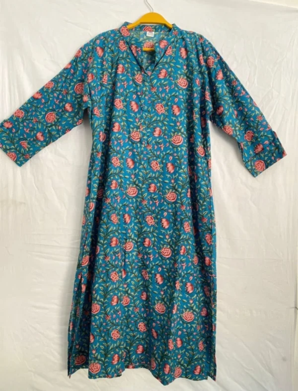 Green floral hand block print dress for women