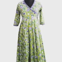 Green floral block print dress for women - Image 3