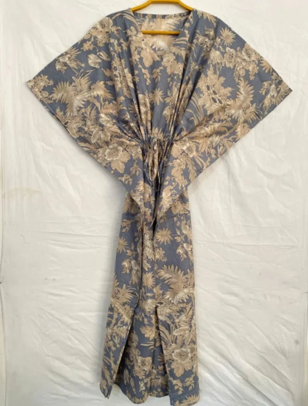 Grey Floral Block Print Cotton Kaftan Dress For Women