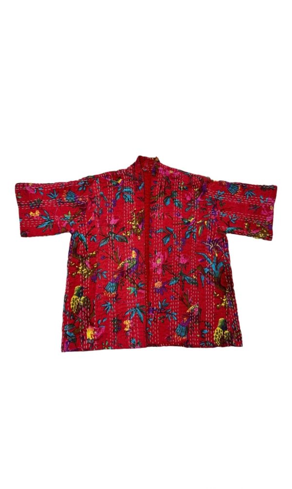 Birds And Flora Print In Kanta Work Handwork Short Kimono Jacket
