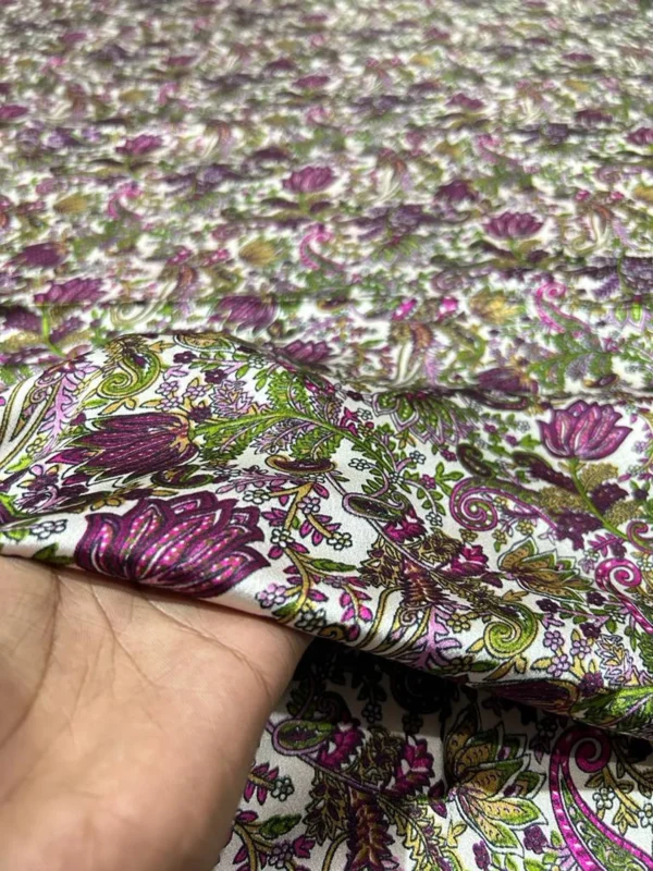 Satin Silk Indian Fabric, Purple Floral Print